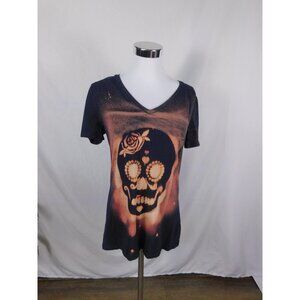 Sugar Skull Shirt Womens Medium Bleached V Neck Graphic Tee Day of the Dead